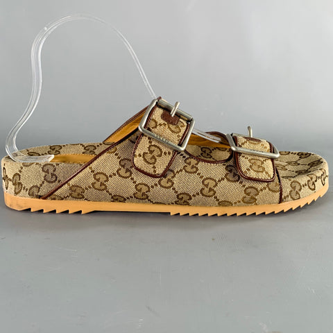 GUCCI Size 10.5 Brown Guccissima Monogram Canvas Double Buckle Sandals