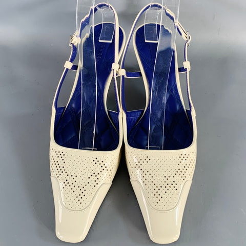 BURBERRY Size 7 Cream Patent Leather Perforated Kitten Heel Slingback Sandals
