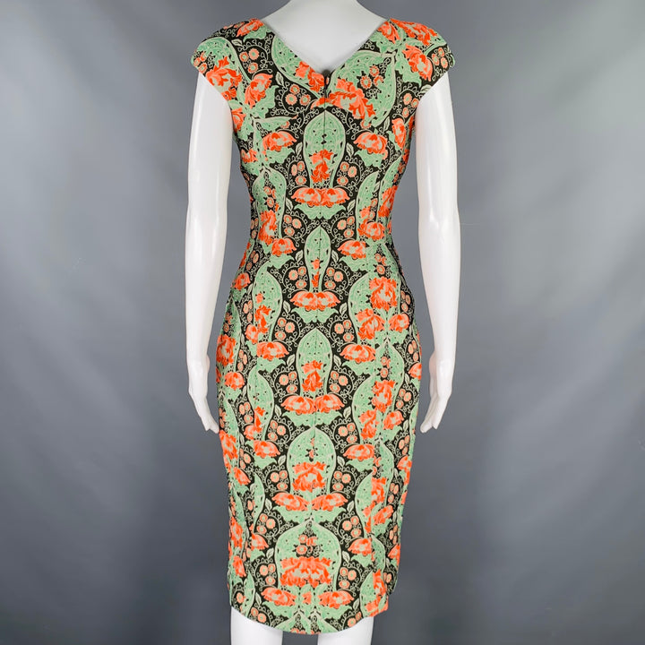 ZAC POSEN Size 8 Green Multi Color Cotton Blend Tapestry Sleeveless Dress