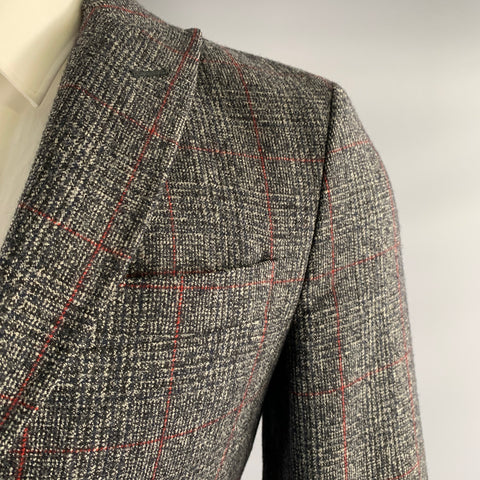 J.LINDEBERG Chest Size 44 Grey Black/red Tartan Wool Peak Lapel 30 31 Suit