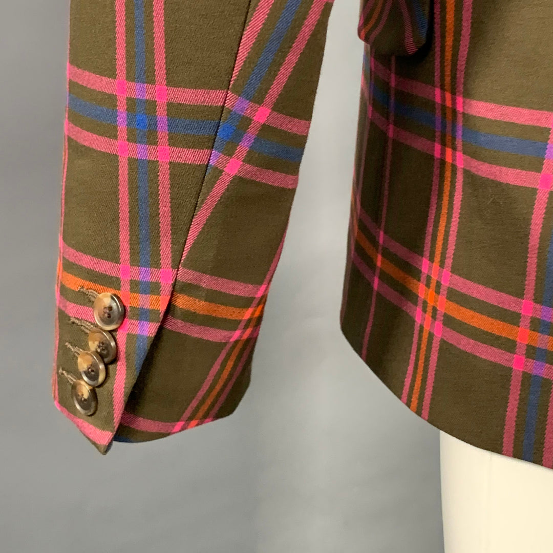 MR TURK Size 38 Olive Pink Orange Plaid Polyester Blend Notch Lapel Sport Coat