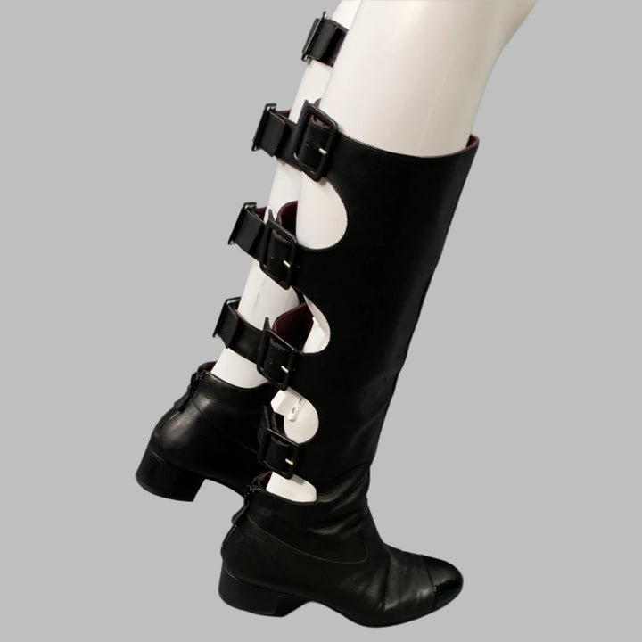 CHANEL Size 6.5 Black Leather Knee High Buckles Boots
