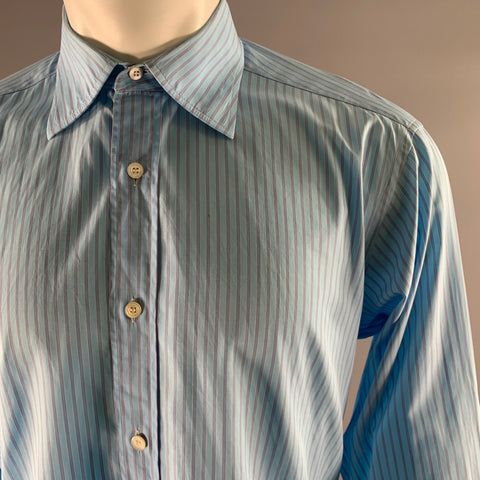 CHARVET Size M Blue Stripe Cotton Pointed Collar Long Sleeve Shirt