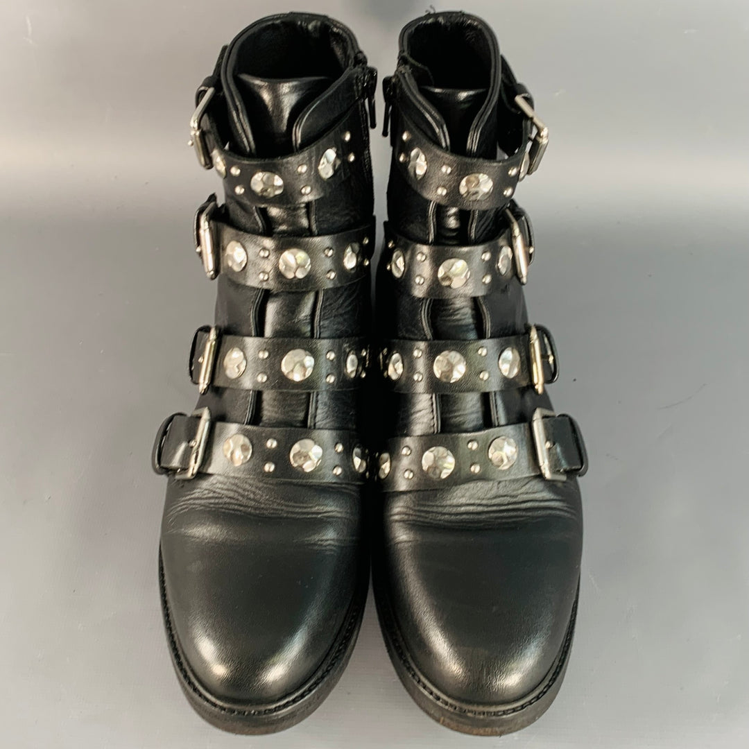 MAJE Size 9 Black Leather Studded Belted Side Zipper Military Ankle Boots