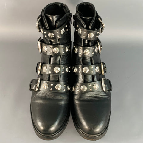 MAJE Size 9 Black Leather Studded Belted Side Zipper Military Ankle Boots