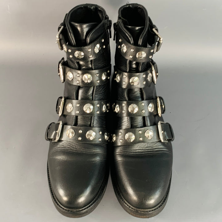 MAJE Size 9 Black Leather Studded Belted Side Zipper Military Ankle Boots