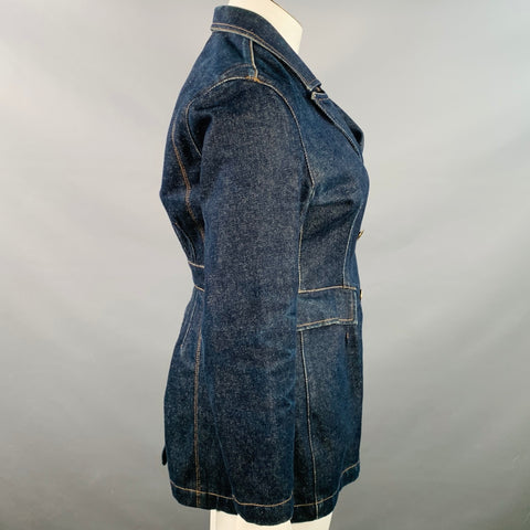 TODD OLDHAM JEANS Vintage 90s Size L Indigo Cotton Denim Contrast Stitch Double Breasted Coat