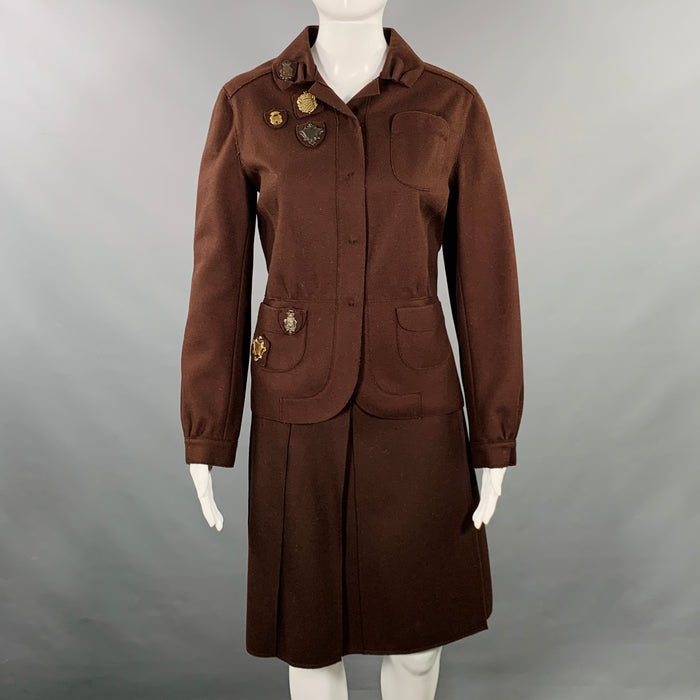MIU MIU Size 8 Brown Wool Nylon Pleated Skirt Suit