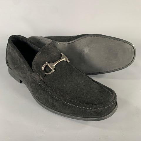 SALVATORE FERRAGAMO Size 11.5 Black Suede Horsebit Loafers