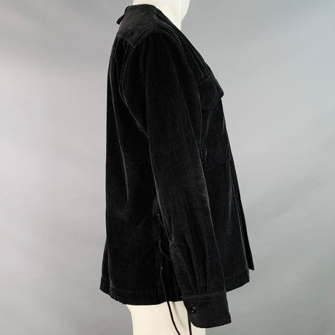 EASTLOGUE Size M Black Corduroy Cotton Collarless V-Neck Jacket