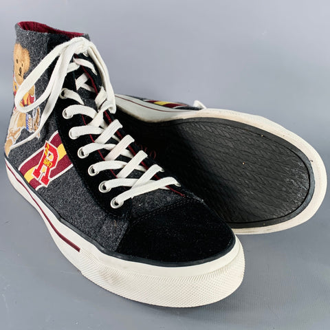 POLO by RALPH LAUREN Size 10.5 Solomon II Grey Burgundy Polo Bear Flannel High Top Sneakers