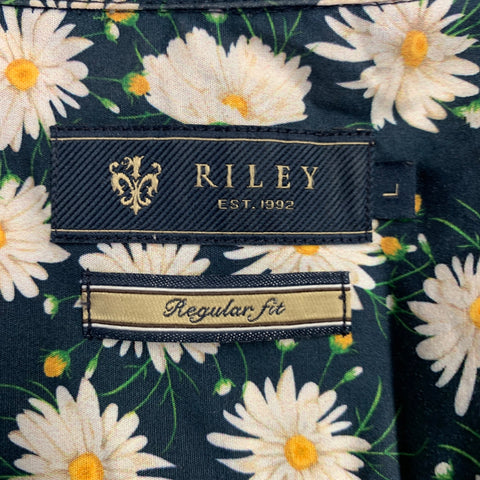 RILEY Size L Navy White Floral Cotton Spread Collar Short Sleeve Shirt