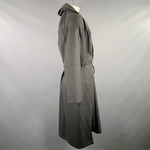 MONITALY Size L Grey Charcoal Wool Hooded Open Front Belted Coat