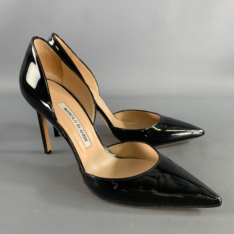MANOLO BLAHNIK Size 9.5 Black Patent Leather Two Tone Pointed Toe Pumps
