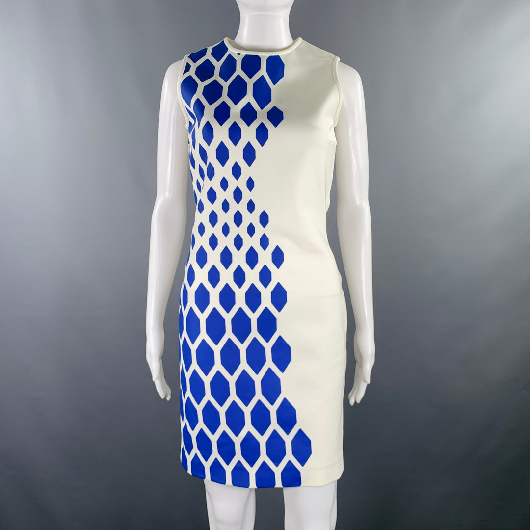 DAVID KOMA Size 6 White Blue Geometric Mini Cocktail Dress Sui Generis Designer Consignment DAVID KOMA Size 6 White Blue Geometric Mini Cocktail Dress Sui Generis Designer Consignment
