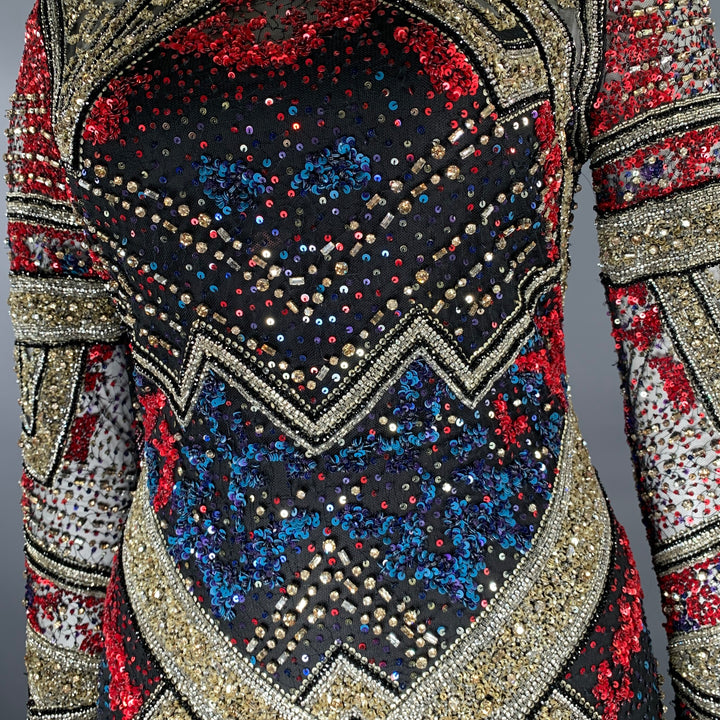 NAEEM KHAN Size 8 Silver Red & Blue Nylon Sequined Midi Cocktail Dress