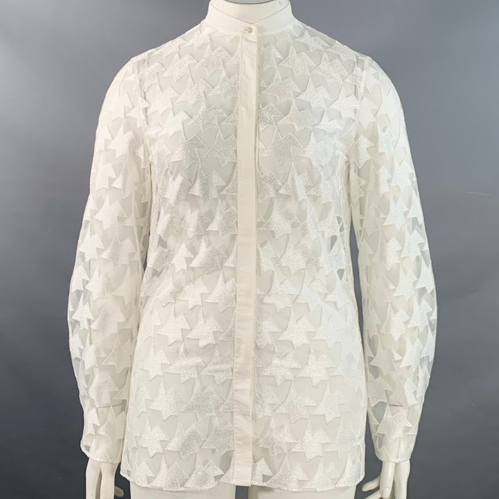 AKRIS Size 10 White Polyester Abstract Lace Nehru Collar Shirt
