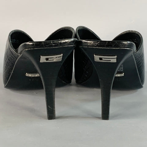 GUCCI Size 9.5 Black Croc Embossed Leather Mules Pumps