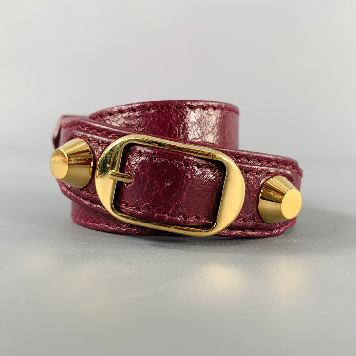 BALENCIAGA Burgundy Gold Studded Leather Bracelet