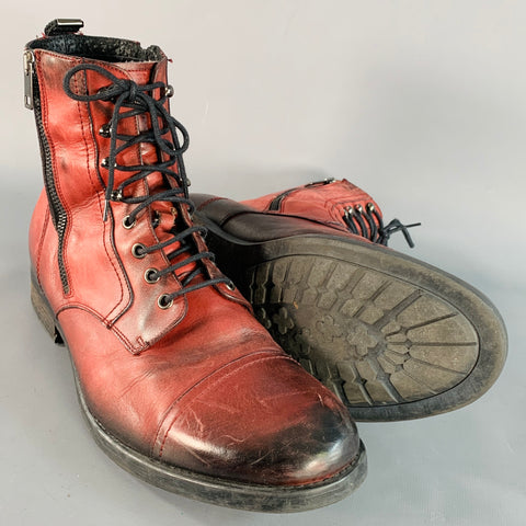 DIESEL Size 11 Burgundy Black Distressed Leather Double Zipper Boots