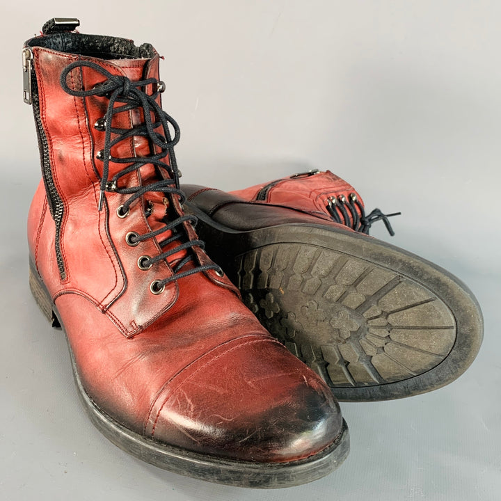 DIESEL Size 11 Burgundy Black Distressed Leather Double Zipper Boots