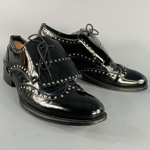 DSQUARED2 Size 11.5 Black Silver Studded Patent Leather Moccasin Lace-Up Shoes