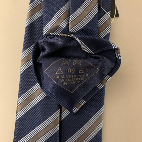 BRIONI Navy Dark Grey Stripe Silk Tie