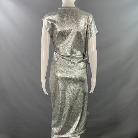 PACO RABANNE Size 4 Silver Viscose Blend Cap Sleeves Asymmetrical Midi Cocktail Dress