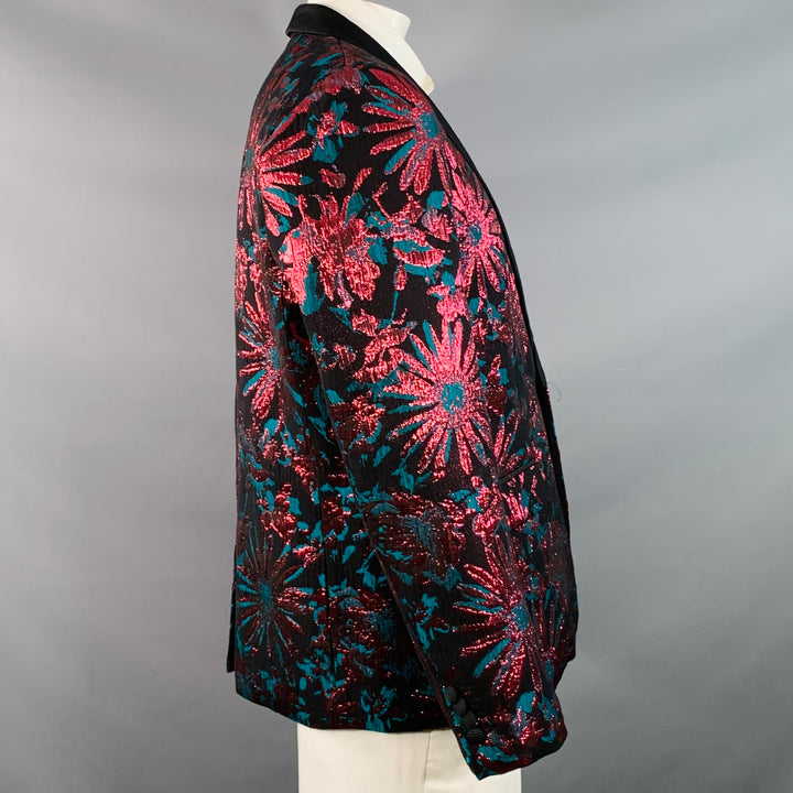 MR TURK Size 42 Black Pink Green Floral Jacquard Polyester Blend Sport Coat