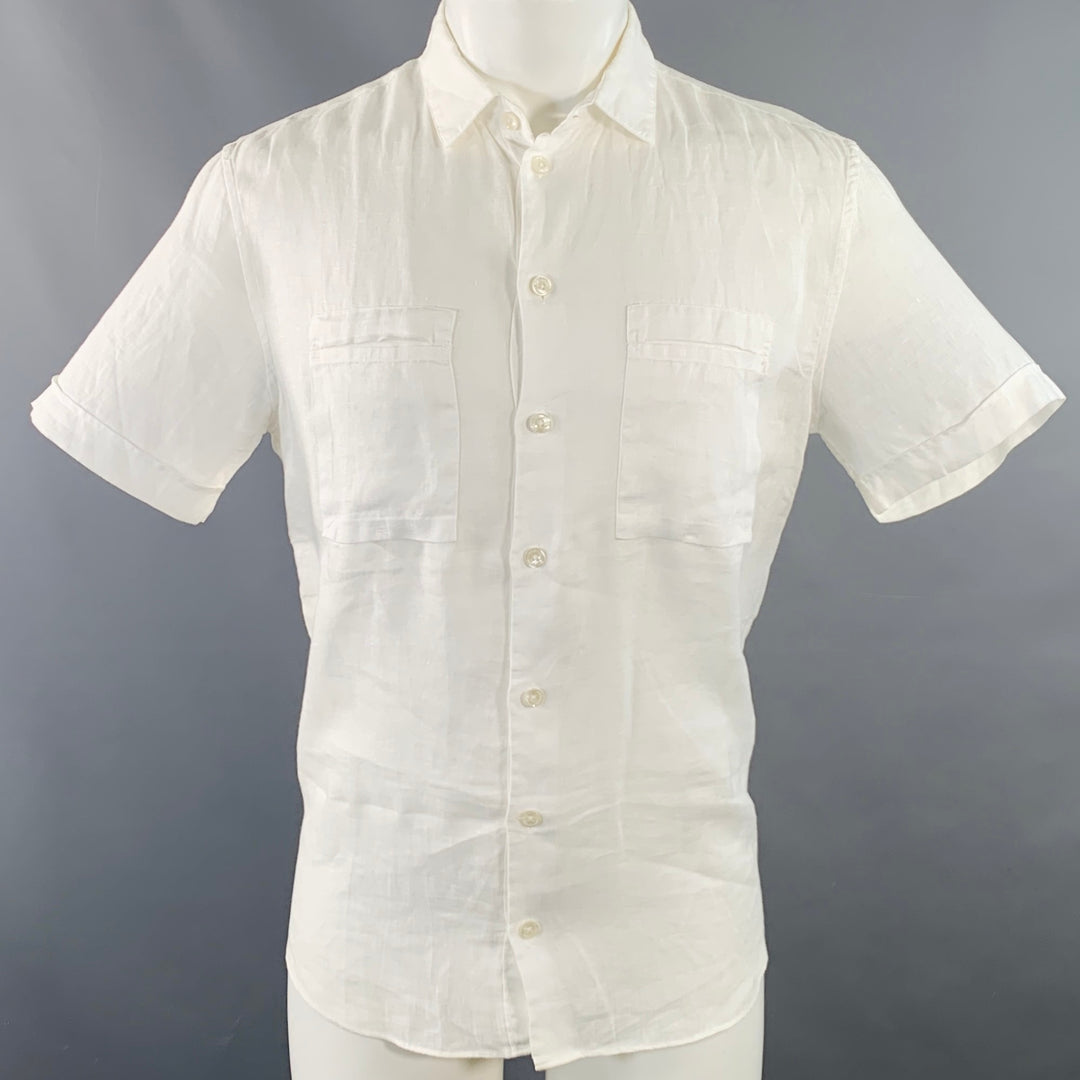 ARMANI COLLEZIONI Size M White Linen Two Pockets Short Sleeve Shirt