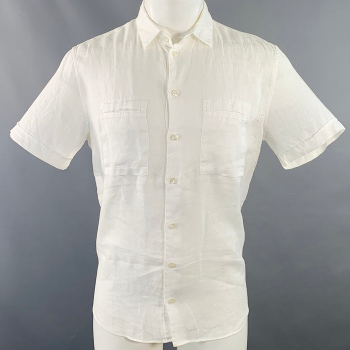 ARMANI COLLEZIONI Size M White Linen Two Pockets Short Sleeve Shirt