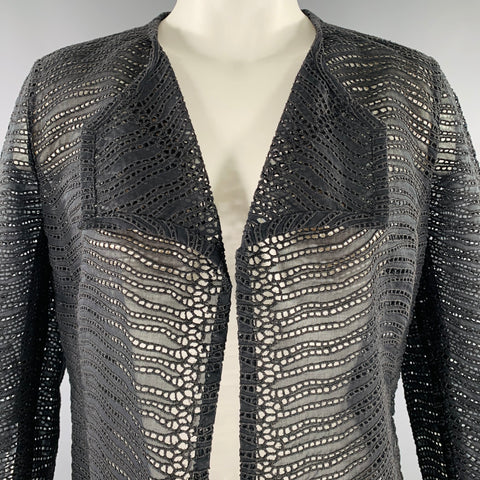 AKRIS Size 6 Black Cotton Eyelet Open Front Jacket Blazer
