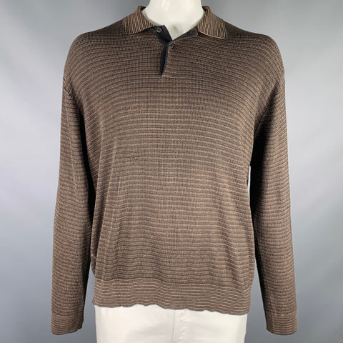 JHANE BARNES Taille XL Polo Rayé Gris Beige en Soie Mélangée