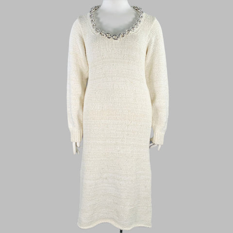 BOTTEGA VENETA Pre-Fall 2020 Size L Beige Silver Cotton Blend Chain Long Sleeve Dress