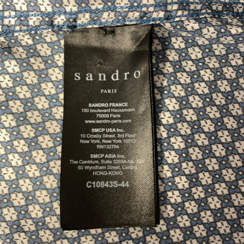 SANDRO Size S Blue White Geometric Silk Button Up Short Sleeve Shirt