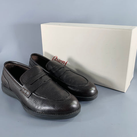 BRIONI Size 10.5 Dark Brown Pebble Grain Leather Penny Loafers