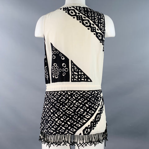 ALTUZARRA Size 6 Black Cream Abstract Sleeveless Fringe Casual Top