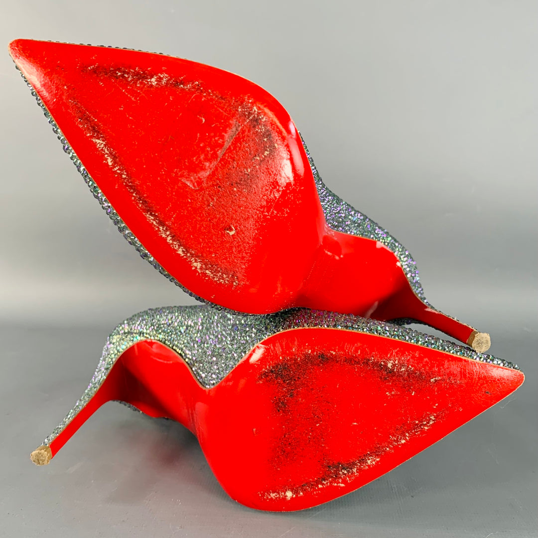 CHRISTIAN LOUBOUTIN Size 9.5 Kate Strass Multi Color Red Suede Rhinestones Pointed Toe Pumps