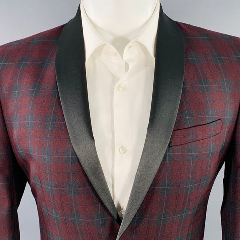 NICK GRAHAM Size 38 New York Cut Burgundy Black Checkered Polyester Blend Shawl Collar Tuxedo Jacket