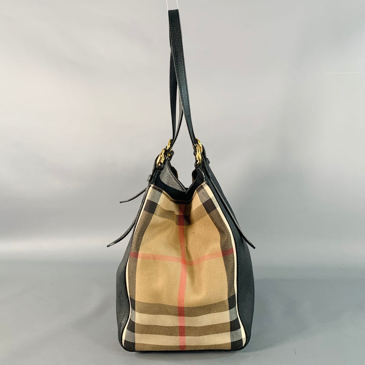 BURBERRY Small Canter Black Beige Plaid Pebble Grain Leather Canvas Handbag