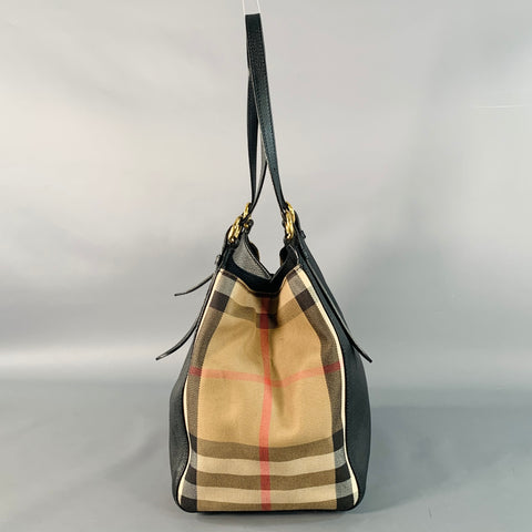 BURBERRY Small Canter Black Beige Plaid Pebble Grain Leather Canvas Handbag