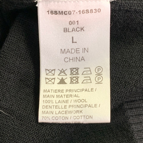 CHLOE Size L Black Wool Lace Trim V-Neck Button Up Cardigan