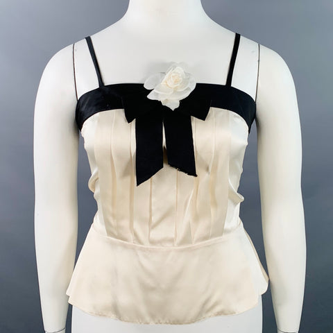 CHANEL Vintage 90s Size 10 Black Cream Silk Camisole Camellia Dress Top