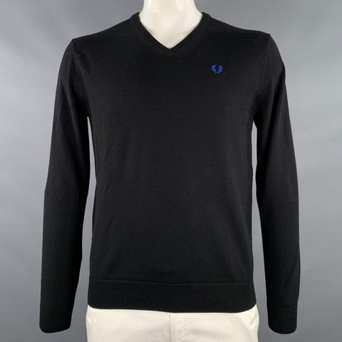FRED PERRY Size L Black Merino Wool V-Neck Pullover