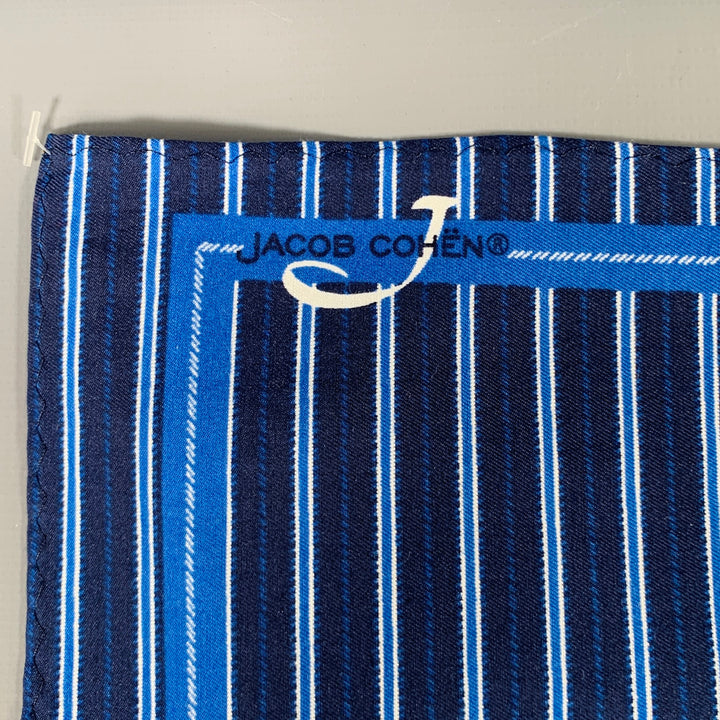 JACOB COHEN Navy White Stripe Cotton Silk Pocket Square