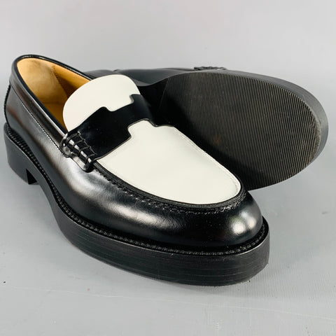HERMES Size 7 Kennedy Black White Leather Color Block Penny Loafers Flats