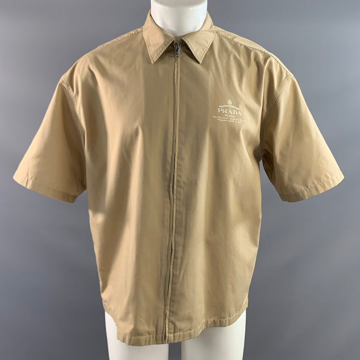 PRADA Size S Khaki Polyester Cotton Zip Up Short Sleeve Shirt