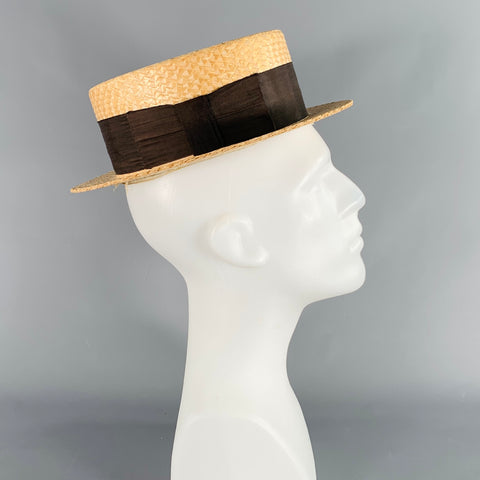 VINTAGE Natural Woven Straw Boater Hat