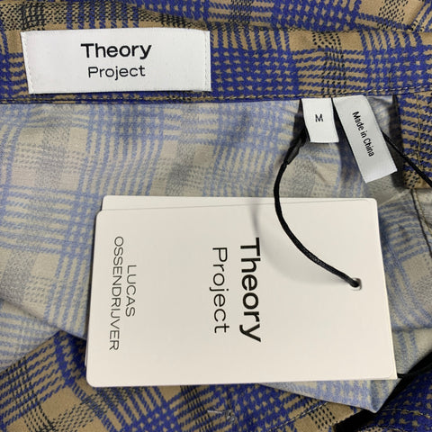 THEORY Size M Green Blue Checkered Silk Blend Short Sleeve Shirt