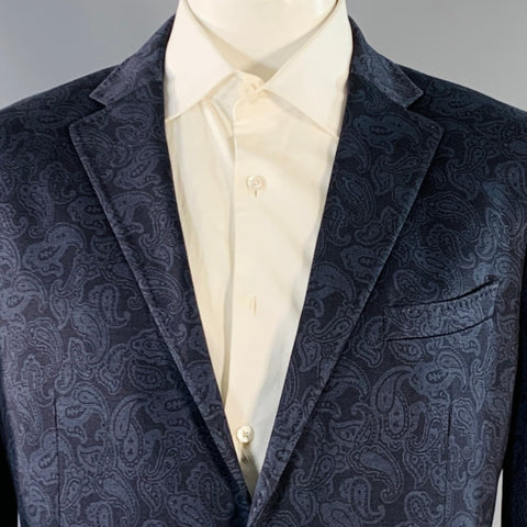 ETRO Size 50 Navy Paisley Cotton Blend Slim Fit Notch Lapel Sport Coat
